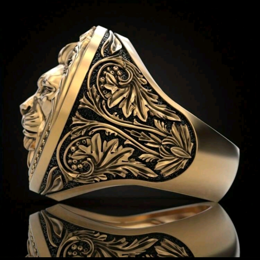 Gold-Plated CZ Tribe of Judah KING Men's Ring with Black Accents